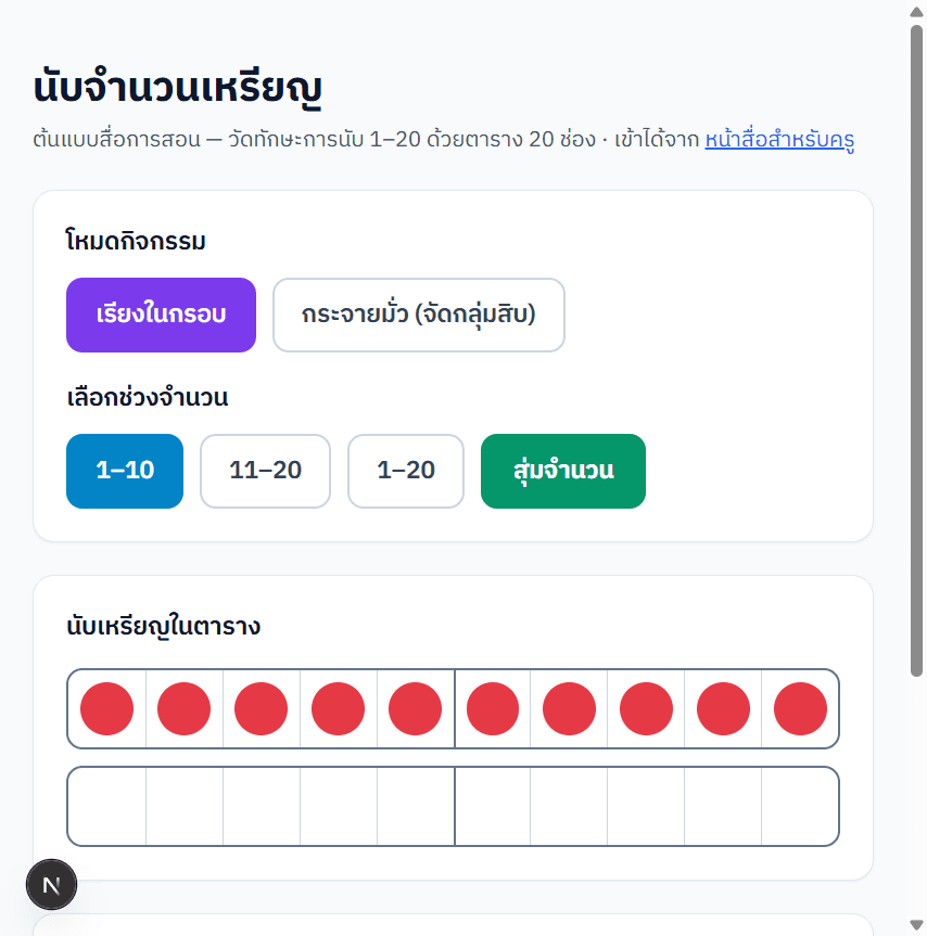 ตัวอย่างหน้านับจำนวน — เหรียญในกรอบสิบสองแถว